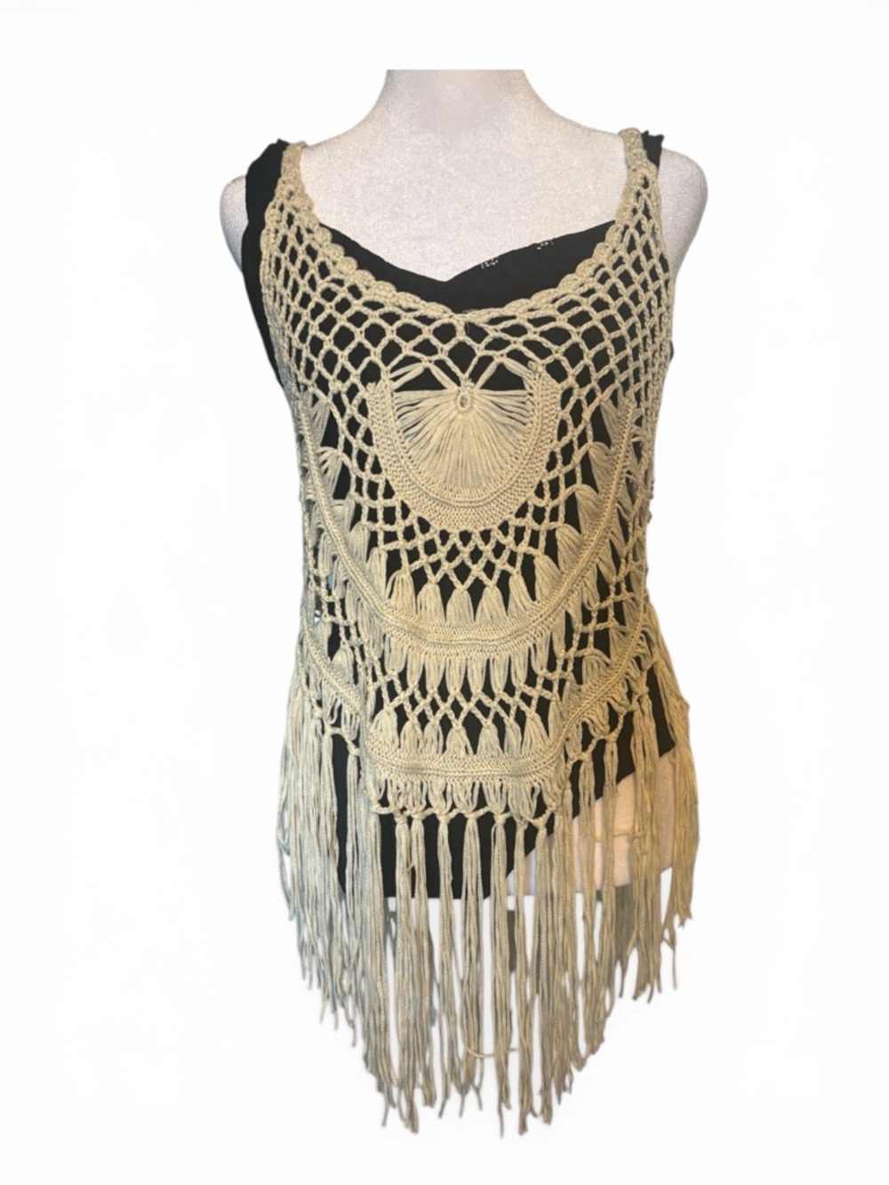 Boho Crochet Fringe Tank Top - Cream